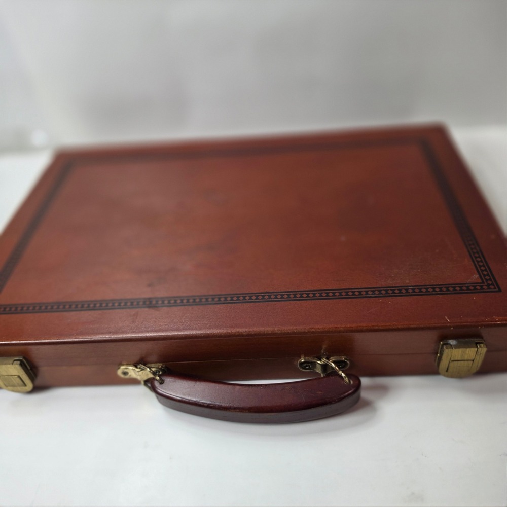 Vintage Wooden Backgammon Briefcase Game Set Felt Liner Leather Dice Cups